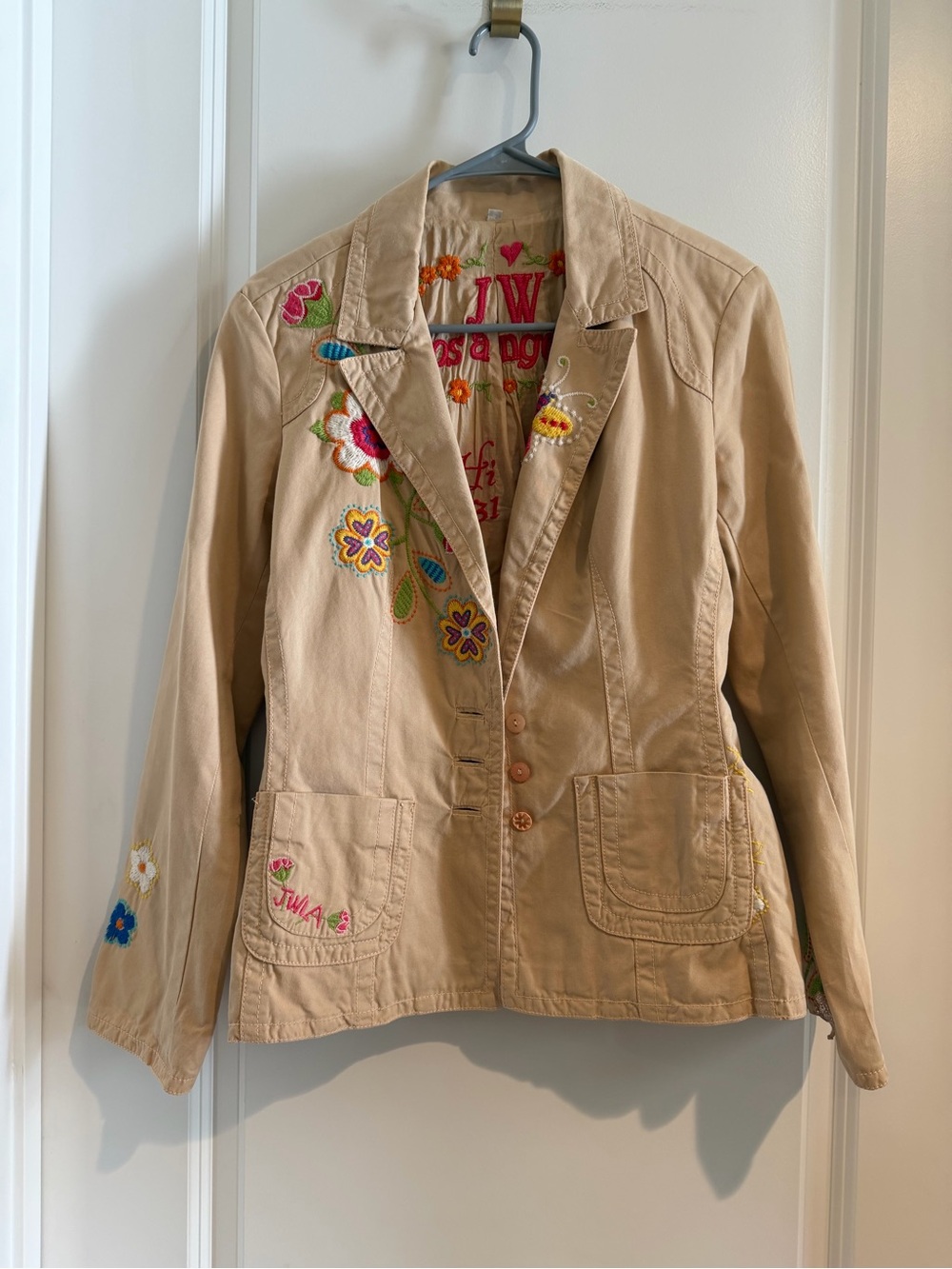 Johnny Was Beige Embroidered Cotton Blazer with Multicolor Floral Accents